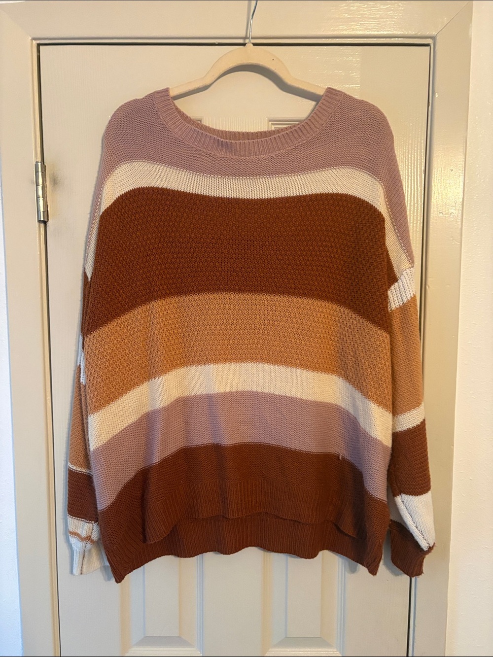 SHEIN Striped Crewneck Sweater in Mauve, Rust & Cream